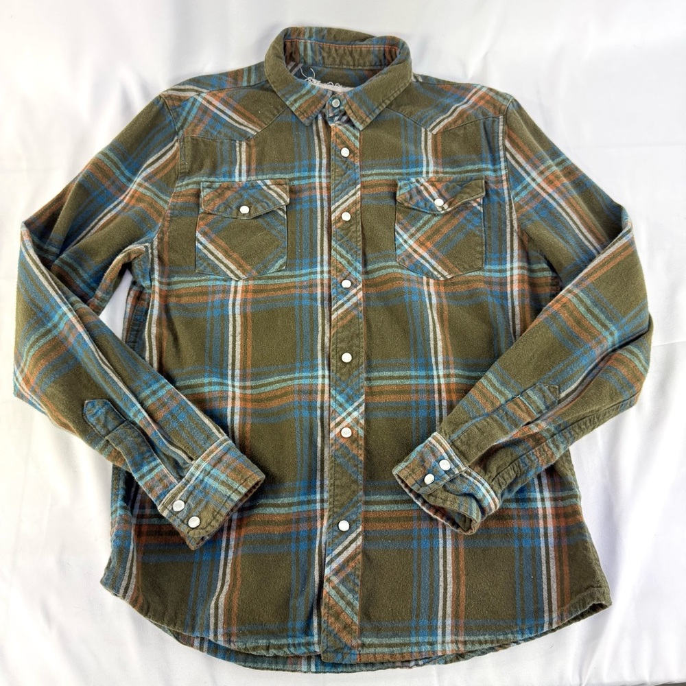 Men’s XL Route 66 Brown & blue striped flannel thick knit pearl snap long sleeve